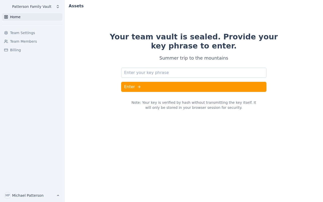 Team Dashboard - Showing sealed vault state