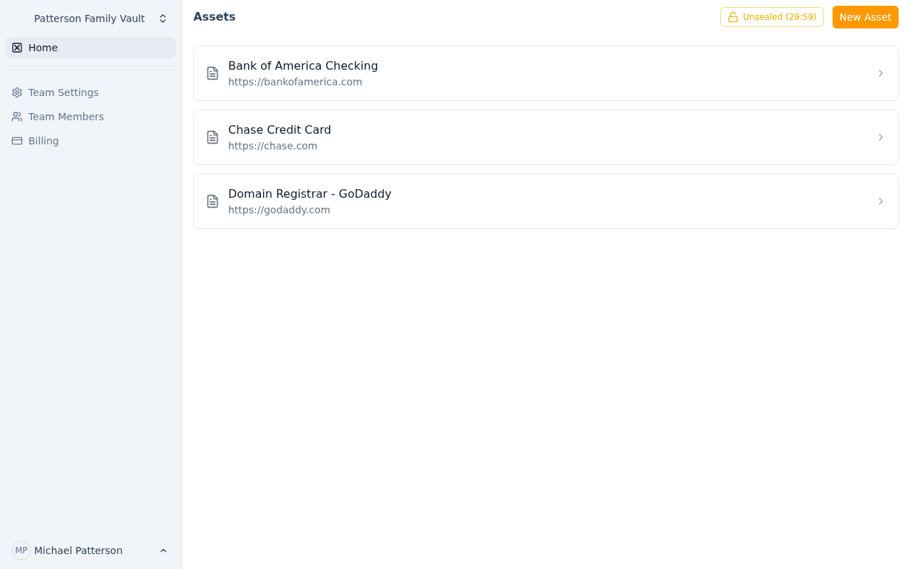 Team Dashboard - Unsealed vault with assets visible